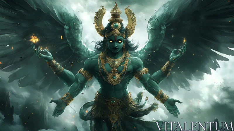 Winged multi-armed deity figure occupies central stormy space