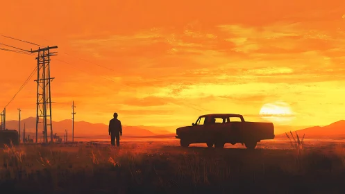 Lone figure and truck under vivid orange desert sunset.