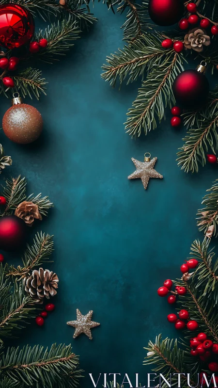 Christmas wreath border frames teal festive background.