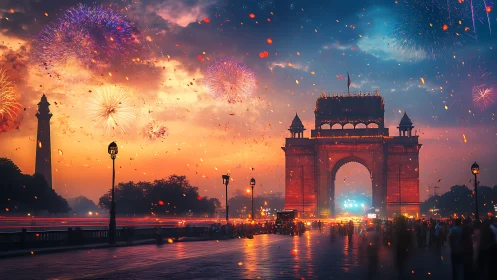 Firelit gateway dreams ignite a festival sky above Delhi.