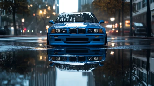 Bold blue city car glows softly in a rainy street reflection