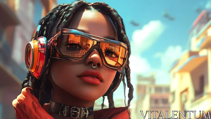 Neon street dreamer with chrome headphones and ember visor.