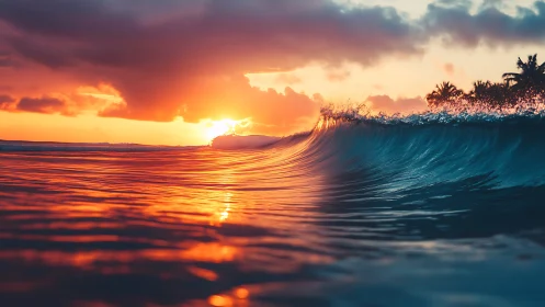Sunset wave rolling toward tropical shoreline horizon.