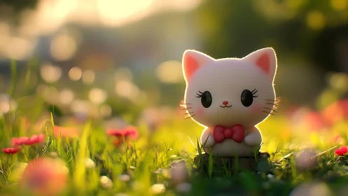 Cute White Kitten Figurine in Grass with Flowers