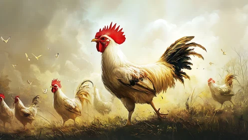 Rooster Cockerel with Hens in Dusty Pastoral Field