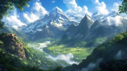 Sunlit valley cradled by snowcapped mountains and misty skies.