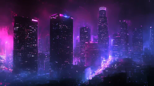 Neon soaked futuristic city skyline in vivid night glow.