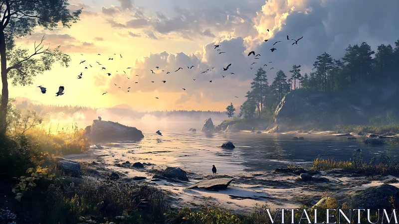 Sunlit misty lakeshore holds circling birds at dawn