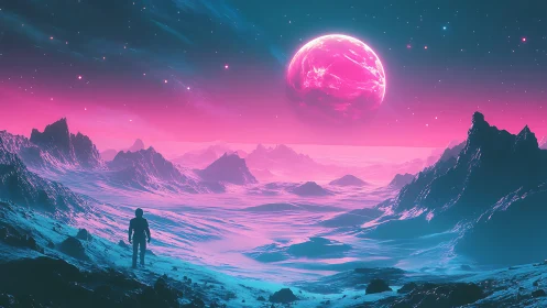Solitary astronaut surveying neon magenta exoplanetary landscape