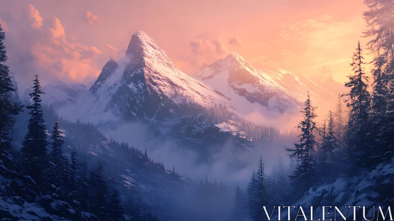 Digital painting of alpine peaks in luminous sunset atmosphere.
