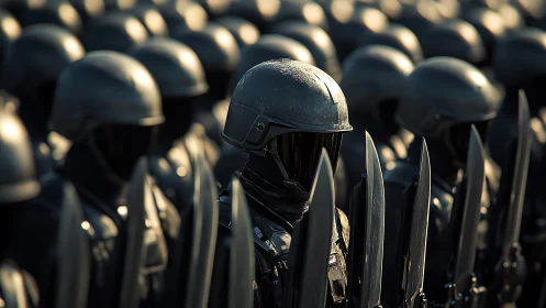 Armored personnel formation with central helmeted figure.