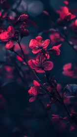 Neon Pink Cherry Blossoms Glowing Against Dark Background