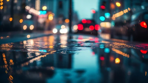 Rain-soaked city street reflects neon traffic bokeh glow.