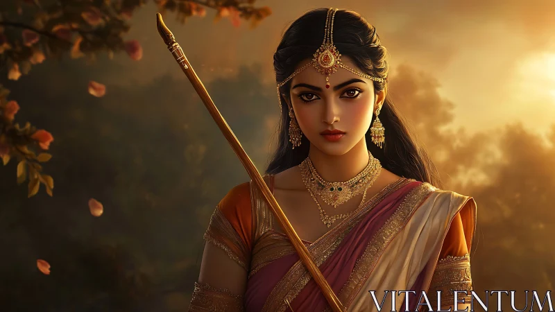 Regal Indian woman in traditional attire holding staff, digital art.
