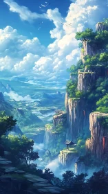 Cliffside sanctuaries drifting above a sunlit valley.