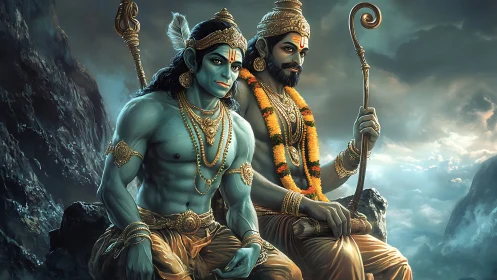 Mythic guardians rest atop stormlit peaks in jeweled silence