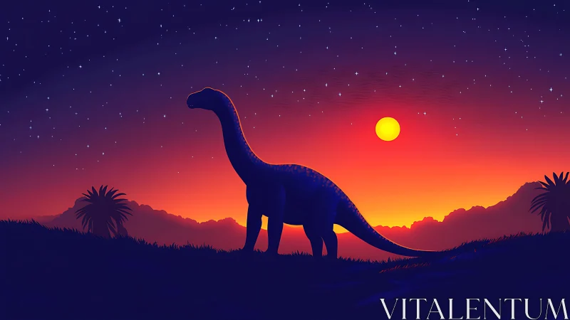 Silhouetted sauropod under gradient dusk sky with stellar field.