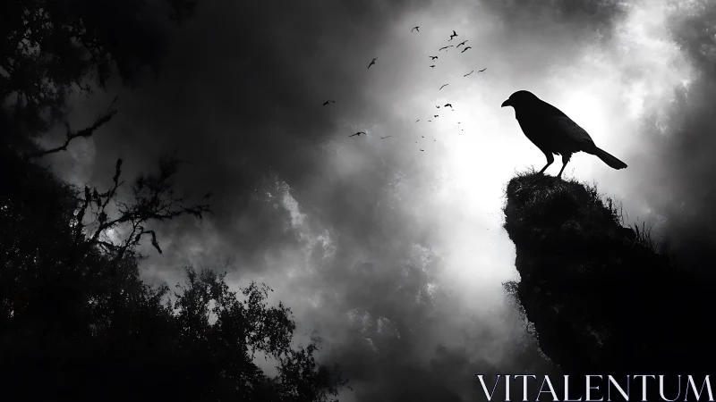 Solitary bird silhouette perched on rocky outcrop against stormy sky