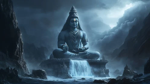 Monumental Shiva idol in mist-laden mountainous temple setting.