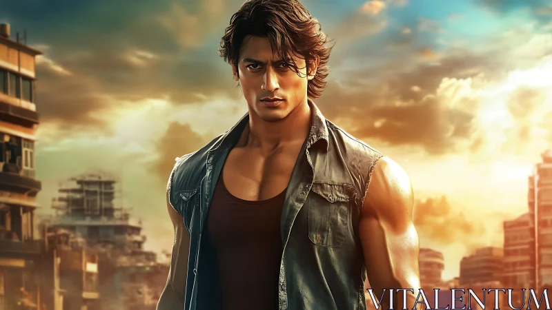 Confident city hero standing strong in golden evening light.