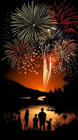 Digital painting of lakeside family silhouettes and fireworks.