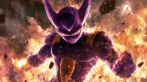Infernal purple warrior strides through a storm of fire.