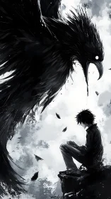 Brooding boy and monstrous crow in monochrome stormscape.