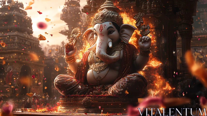 Radiant Ganesh statue glows in a shower of warm petals