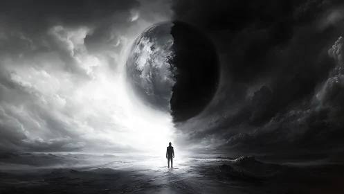 Silhouetted wanderer before split celestial sphere.