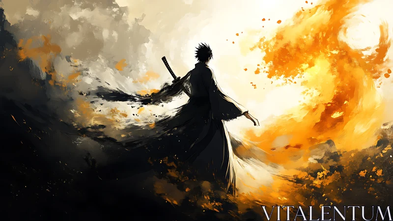 Silhouetted swordsman amid abstract black and orange vortex.