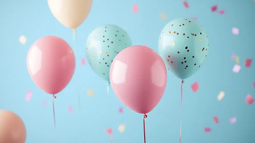 Balloons suspended against turquoise background with confetti particles.
