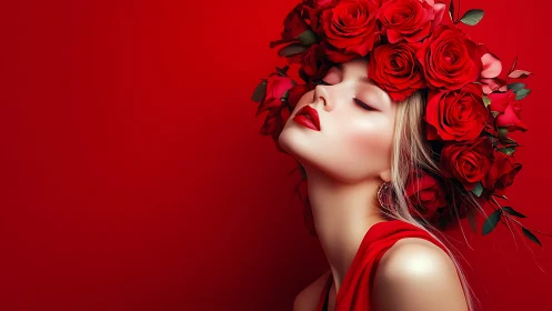 Woman in red dress wearing large crown of red roses.