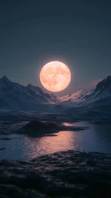 Rose-gold moon leans low and turns icy valley into ember