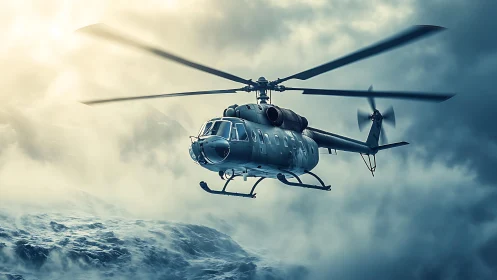 Military helicopter cuts through stormy alpine cloud deck