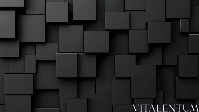 Dark geometric 3D squares forming layered abstract wall.