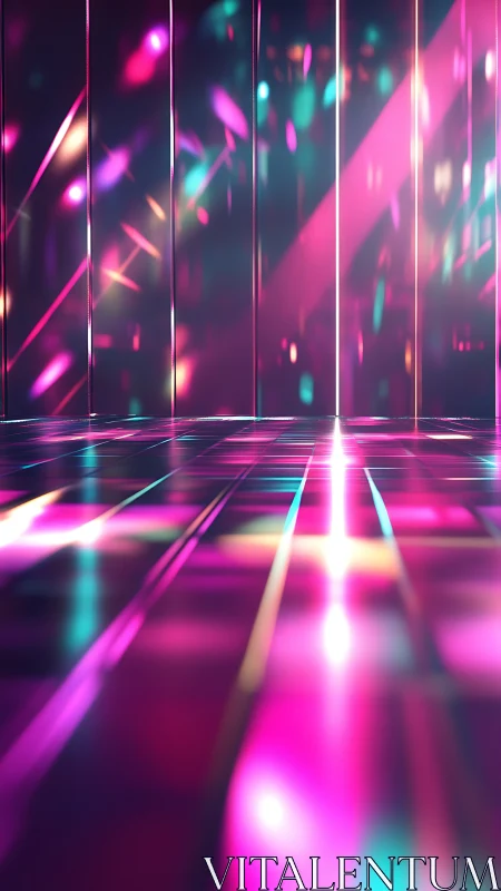 Neon reflective corridor with luminous magenta grid floor.