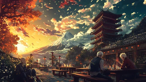 Autumn terrace tableau before Mount Fuji under embered skies.