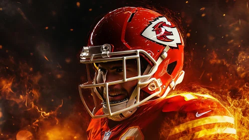 Intense gridiron portrait in fiery red helmet and flames.