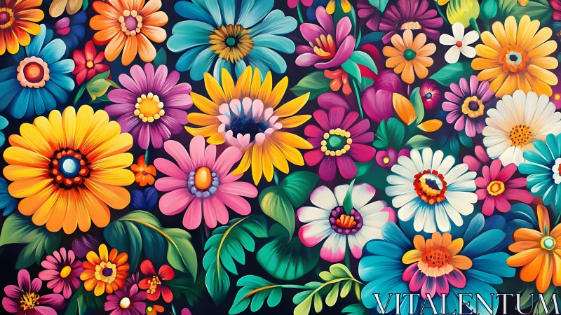 Vibrant Digital Floral Composition with Layered Petals and High Saturation Botanical Elements