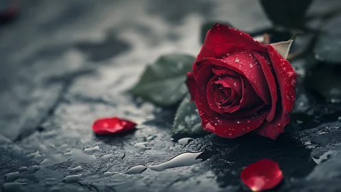 Red rose with water droplets on dark surface