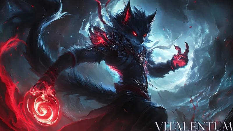 Anthropomorphic wolf mage with red energy in swirling void.