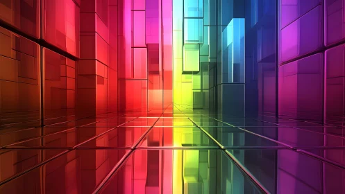 Vivid geometric 3D corridor with rainbow colors and glossy finish.