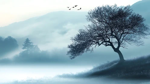 Atmospheric hillside tree silhouette in layered valley fog.
