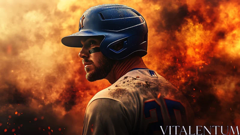 Baseball slugger stands focused against blazing firestorm backdrop