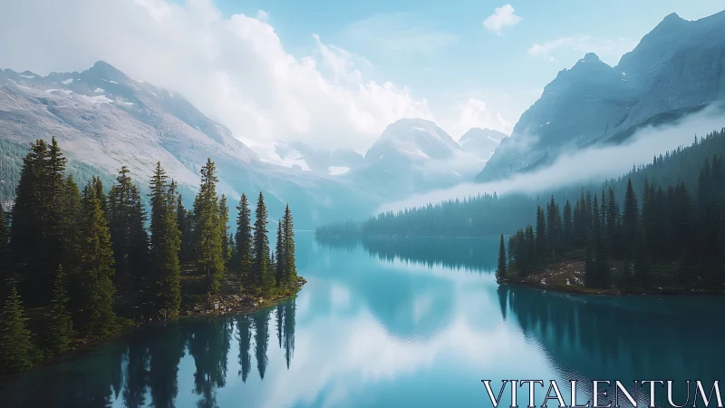 Glacial alpine lake with mirrored conifers and stratified fog bands.