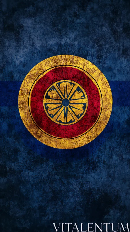 Weathered golden emblem on deep navy battleworn field.