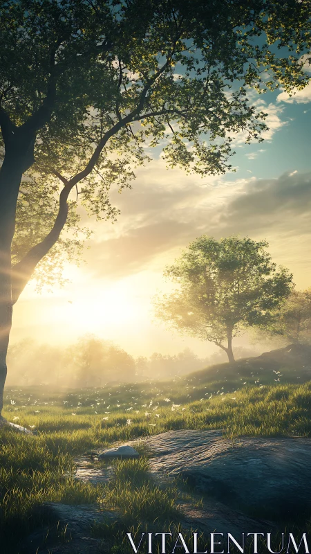 Sunrise meadow hush where golden light braids shadows.