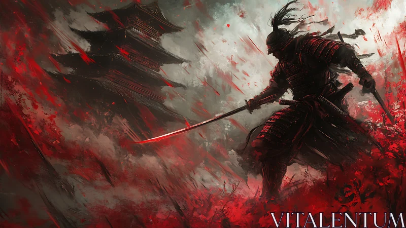 Armored samurai advances through red battlefield smoke