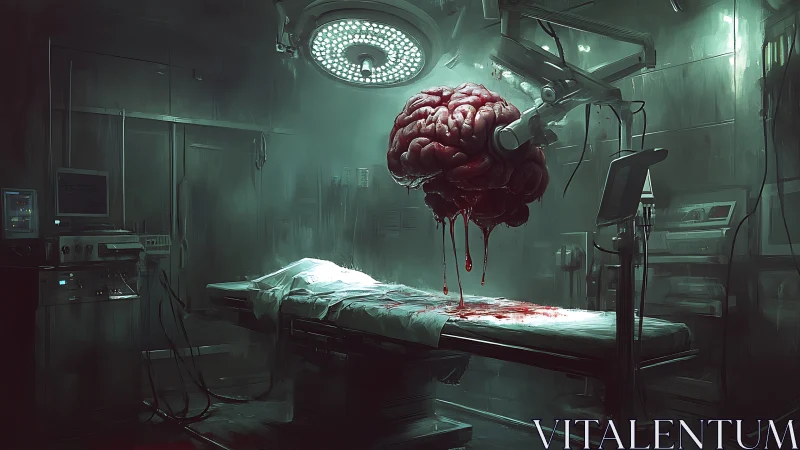 Suspended biomechanical brain hovers above bloodstained table