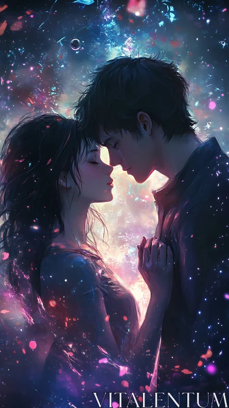 Starry backlit couple in close embrace, glowing colors.